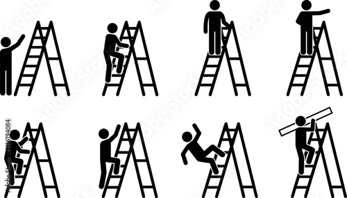 Stick Figure Collection Featuring Man Using A Ladder Climbing Falling Carrying Planks and Working at Heights for Construction Safety Industry and Manual Labor Vector Design