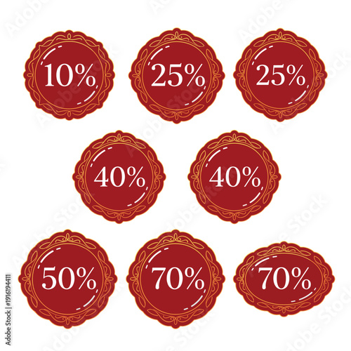Collection of Red Ornate Discount Percentage Labels for Sales and Promotions - Perfect for Retail Marketing