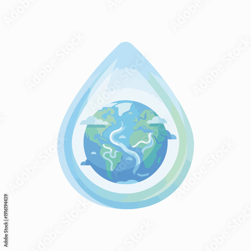 Conceptual illustration of planet Earth cradled within a blue water droplet, symbolizing global environmental sustainability, vital water resources, and collective conservation