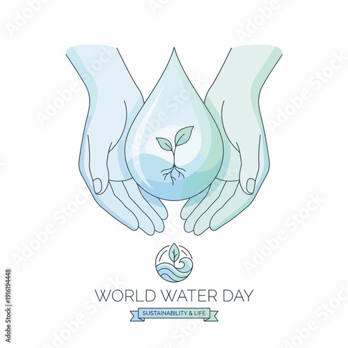 Hands holding a water droplet with a growing plant inside, symbolizing sustainability and life for World Water Day