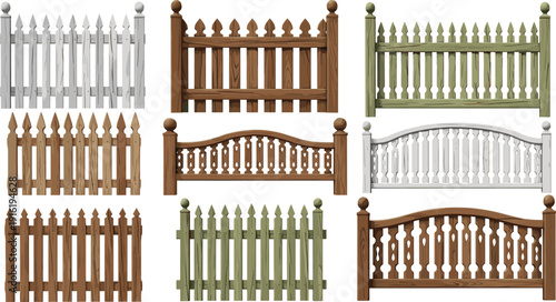 Cartoon wooden picket fence collection, rustic garden barrier set isolated on white background, decorative village boundary illustration