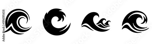 Black Ink Ocean Wave Silhouette Logo Set For Creative Branding