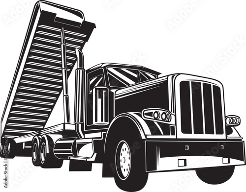 Heavy duty dump truck trailer lifted loaded with goods construction vehicle for transport and hauling