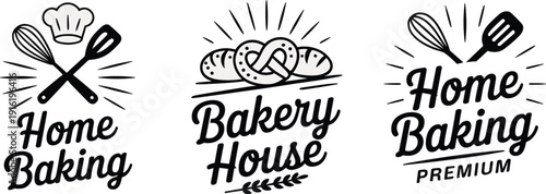 Home Baking Vintage Typography Logo Set with Bakery House Bread and Kitchen Utensils Vector Illustration
