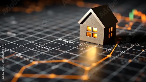 Miniature house model on a digital graph background, symbolizing real estate market trends and analytics