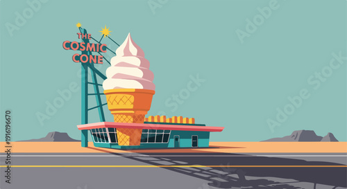 Retro roadside ice cream stand with giant cone sign in a desert landscape