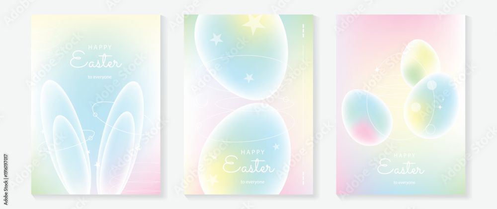 Naklejka premium Easter poster vector background. Modern Abstract gradient design set with easter eggs, rabbit. Trendy Easter design for ads, sale, cover, website, banner and greeting card.