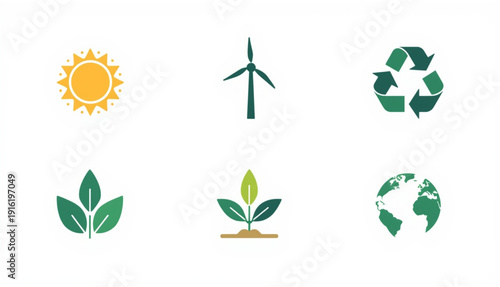 A clean and professional set of 6 flat icons dedicated to ecology, renewable energy, and environmental sustainability. The collection includes high-quality symbols of the sun, a wind turbine, 