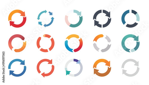 A comprehensive set of 15 circular arrow icons representing refresh, sync, and recycle processes. The collection features various minimalist styles, including dual and triple-arrow loops with diverse 
