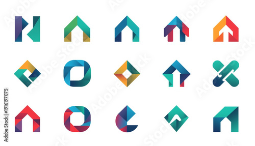 A sophisticated collection of 15 abstract geometric logos and icons featuring a modern "origami" or folded-ribbon style. The designs utilize vibrant gradients in teal, purple, orange, and red, creatin