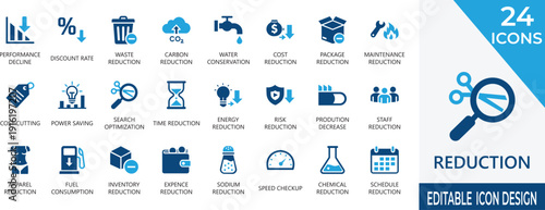 professional solid icon set for waste reduction,  statistics, symbols,  expense, cutting, carbon,sustainability, graphic, cost, and cost saving