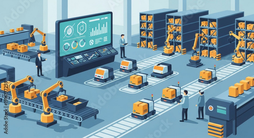 A vector graphic illustration of a modern factory with robotic arms and conveyor belts in a warehouse setting.