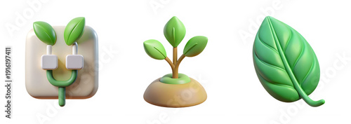Set of three glossy 3D rendered green eco-friendly icons: a leaf-shaped plug, a small plant in soil, and a single vibrant green leaf, isolated on a white background.