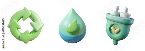 Glossy 3D render of green recycling symbol, aqua water drop, and teal electric plug icons, isolated on transparent background for eco-friendly design.