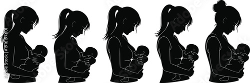 Mother holding baby silhouette collection showing caring parenting poses, maternal love and bonding concept, black and white vector illustration set