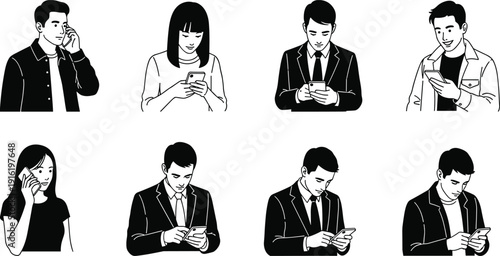 People using smartphones illustration set, men and women texting, calling, browsing, modern communication, social media, technology lifestyle concept isolated on white background