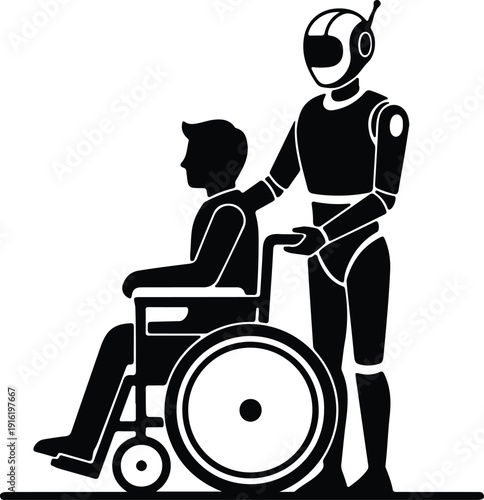 silhouette robot assisting disabled man in wheelchair future care vector design