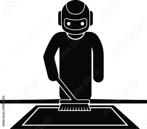 silhouette robot cleaning floor with broom and dustpan vector design