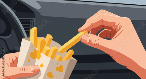 Hands eating crispy golden french fries from a paper bag in a car. Quick fast food snack while driving or traveling, an on-the-go meal concept illustration.