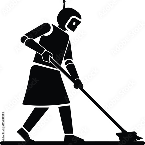 silhouette robot maid sweeping floor with broom futuristic assistance vector design