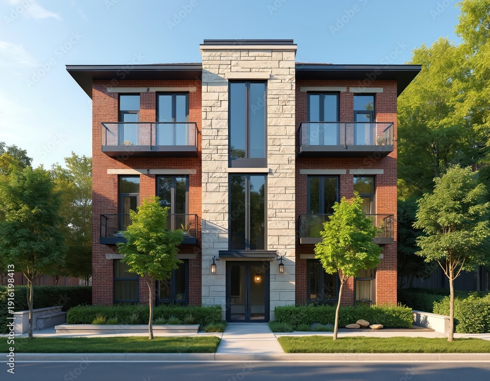 Fototapeta premium Modern brick townhouse with stone accents and balconies. Rich green trees and manicured bushes surround this urban residential building. Clear blue sky above bright sunny day.