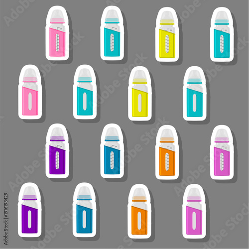 big colored set of baby milk in bottle with soft rubber pacifier