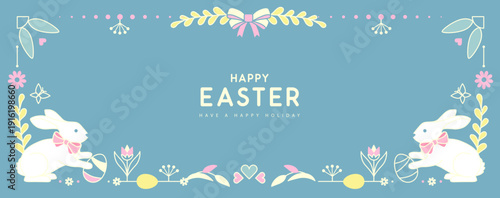 Happy Easter poster or greeting card with rabbits, floral elements and Easter eggs on blue background. Easter frame. Vector illustration