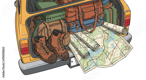 Illustration of a vintage yellow car's trunk packed with travel luggage, hiking boots, and maps, ready for an exciting road trip adventure or vacation getaway.