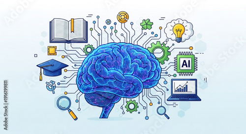 A colorful vector illustration of a brain surrounded by symbols of learning and technology
