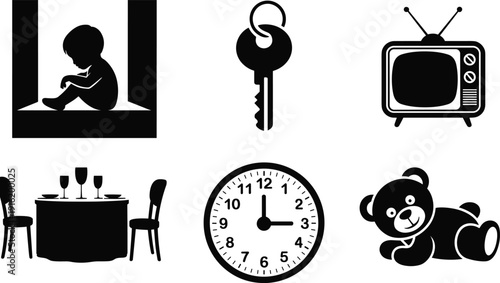Black silhouette home and childhood icon set, sad child, key, television, dining table, wall clock, teddy bear, flat vector illustration