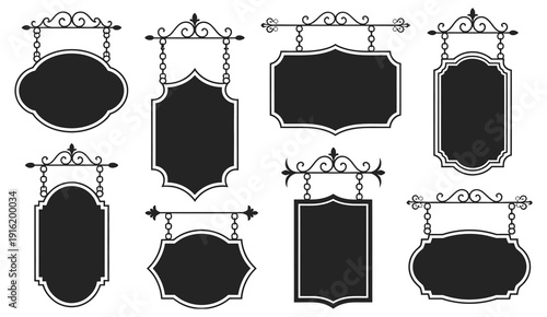 Ornate Hanging Sign Silhouettes with Vintage Shop Scrollwork Frames for Cafes, Boutiques, Restaurants and Signage Design