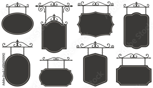 Ornate Hanging Sign Silhouettes with Vintage Shop Scrollwork Frames for Cafes, Boutiques, Restaurants and Signage Design