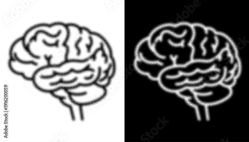 Black and white illustration of human brain with halftone  effect