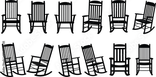 Black silhouette rocking chair collection, wooden armchairs in multiple angles, classic furniture seating set, isolated flat vector illustration