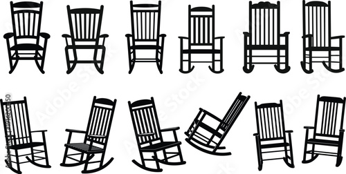 Black silhouette rocking chair furniture collection, wooden armchairs shown in multiple positions and angles, classic seating set, isolated flat vector illustration