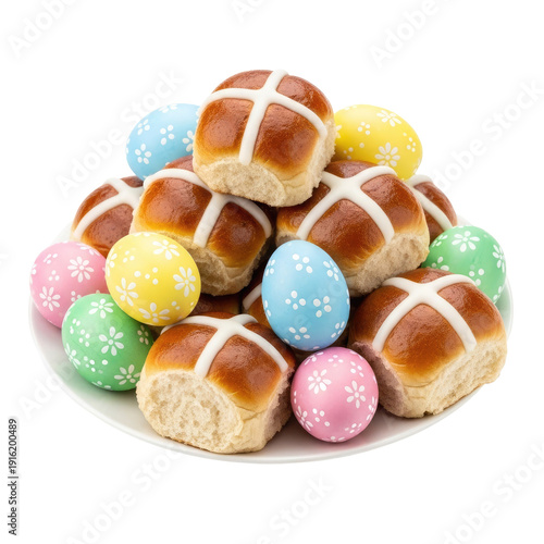 Wallpaper Mural Easter hot cross buns with colored eggs on a white plate isolated on a transparent background. Festive seasonal baking and treats. Torontodigital.ca