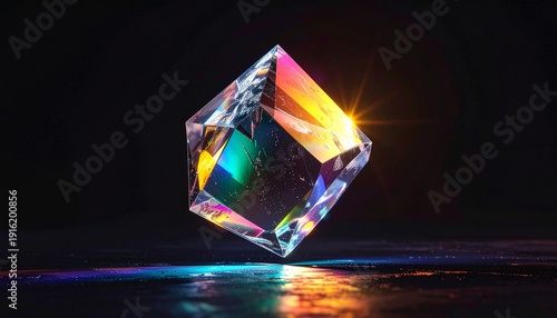 Vibrant crystal prism reflecting colorful light on a dark background with glowing effect