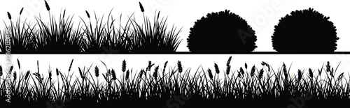 Grass border and shrub silhouettes, flat vector illustration, meadow foliage landscape elements, decorative botanical design, isolated nature clipart