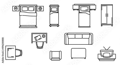 Collection of furniture icons for interior design top view.