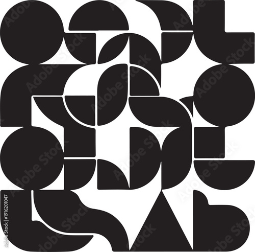 A black geometric logo on a white background with various shapes.