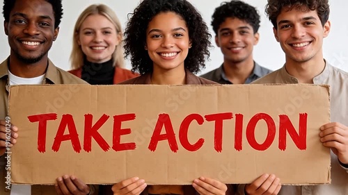 diverse people holding take action sign