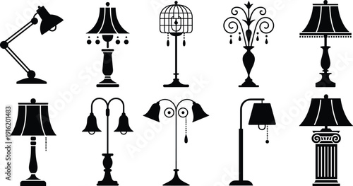 Classic and decorative lamp silhouette set, vintage table and floor lighting vector illustration collection isolated on white background for interior decor design