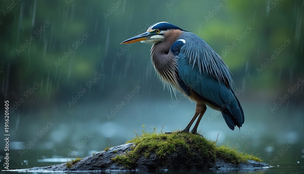 Obraz premium Great blue heron stands on mossy rock in rain. Bird with long beak and blue feathers waits by water. Nature scene with wild avian on island.