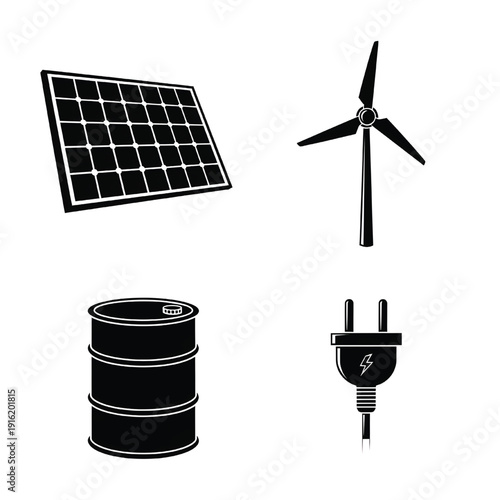 Set of 4 energy icons vector with solar panel, wind turbine, oil barrel, and power plug
