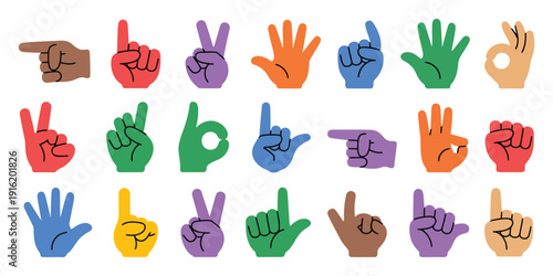 Colorful Hands Featuring Diverse Human Gestures with Pointing Fingers, Handshake, Clenched Fists and Expressive Signs