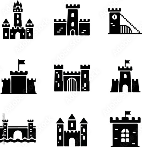 Collection of Black Castle Silhouettes in Various Architectural Forms Against White Background