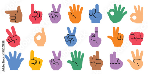 Colorful Hands Featuring Diverse Human Gestures with Pointing Fingers, Handshake, Clenched Fists and Expressive Signs
