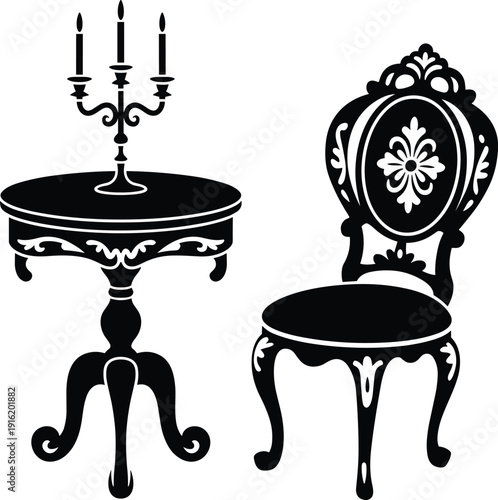 Vintage baroque table and chair silhouette with candle holder, elegant classic furniture vector illustration isolated on white background for luxury interior design