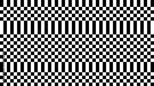 Abstract checkered, black and white pattern with squares and rectangular lines.