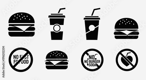 Fast food icon set featuring burger and soft drink cup symbols.